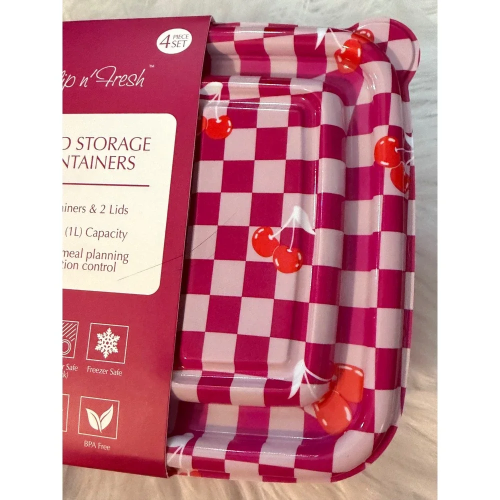 Flip n Fresh Pink Checkered Cherry Food Storage Containers 4 Piece Set 4.2 Cup
